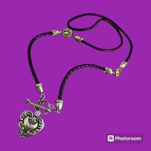 BRIGHTON Long Black Braided Leather Arrow Heart Toggle Necklace Belt
